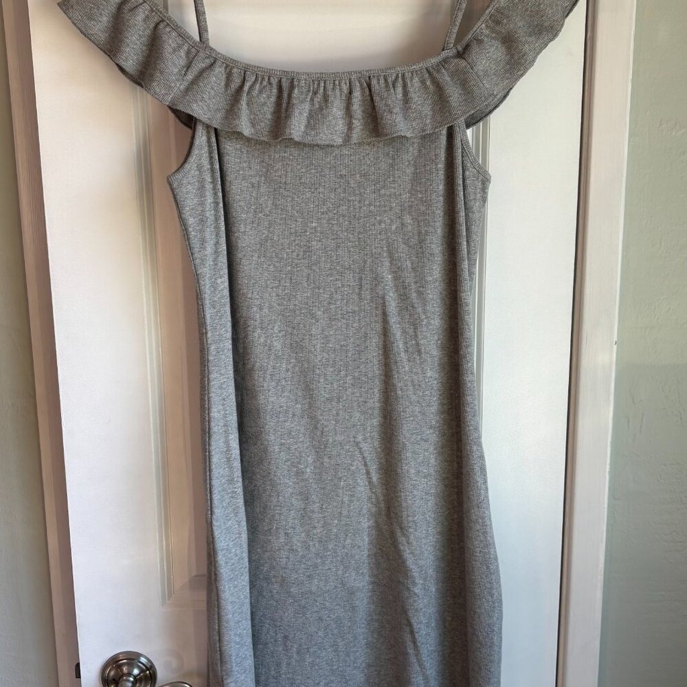 Bebe Mini Dress Gray Womens‎ Large Ruffle Off Shoulder Rhinestone Logo Ribbed - Picture 7 of 8